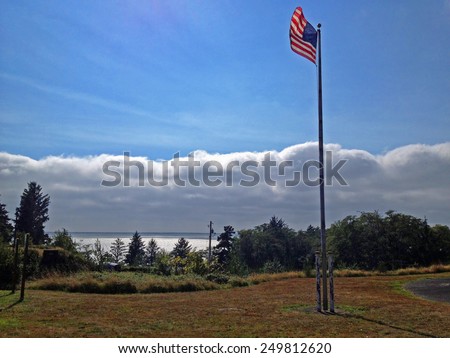 American Flag at Fort Columbia State Park Washington USA Overlooking Columbia River