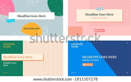 Youtube channel video thumbnail template set of four, social media graphic resources. Fashion trendy abstract texture style background with placeholder texts.