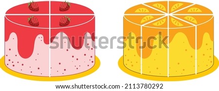 Explaining the expression of fractions in mathematics by considering 2 sliced ​​cakes in red and yellow Stok fotoğraf © 