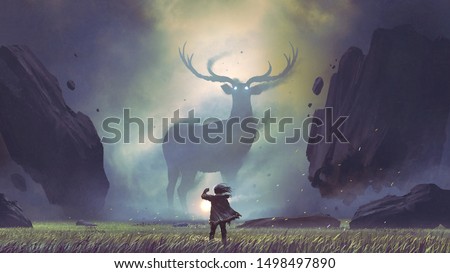 the man with a magic lantern facing the giant deer in a mysterious valley, digital art style, illustration painting