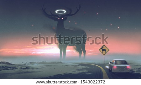 a legendary creature concept showing a car running into animal zone, the giant deer with glowing halo on the road, digital art style, illustration painting