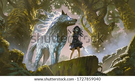 Similar – Image, Stock Photo Wild girl in the studio is getting horny. She is literally holding horns above her head. The brunette model has nothing under a black leather jacket. Some expressionistic makeup is used as well.
