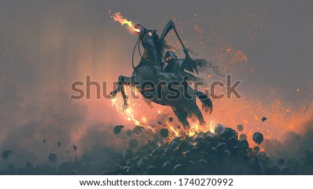 the horseman, grim reaper riding the horse jumping  from a pile of human skulls, digital art style, illustration painting