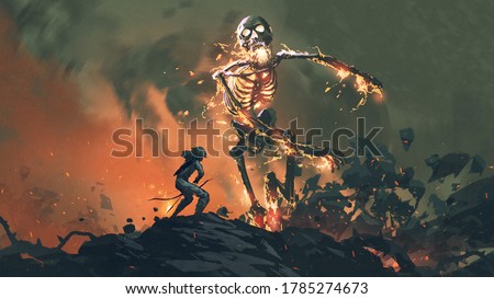 man with a bow fighting with a flaming skeleton, digital art style, illustration painting