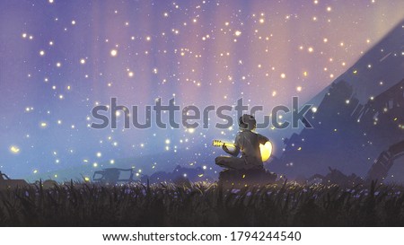 a young boy plays guitar in the meadow and looking at the beautiful sky, digital art style, illustration painting