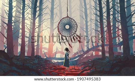 woman standing and looking at the dreamcatcher hanging from the trees in the mysterious forest, digital art style, illustration painting