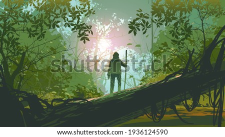 traveler standing on a fallen tree in the forest, vector illustration