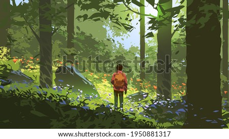 young man adventures in the deep forest, vector illustration