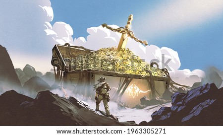 the hunter found a huge treasure chest on the mountain, digital art style, illustration painting