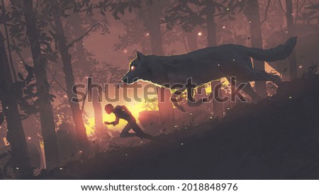 A man running in the forest with his legendary wolf, digital art style, illustration painting