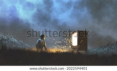 night scene of the boy watching an antique television that glowing and sparks fly out, digital art style, illustration painting
