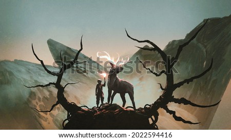 kid holding a torch stands near his magic deer, digital art style, illustration painting