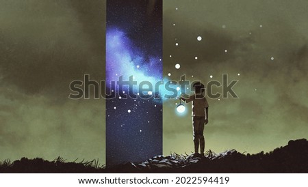 fantasy scene of the kid holding a lantern and looking at the stars-dimensional window, digital art style, illustration painting