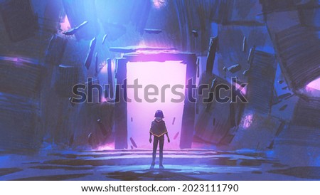 A kid standing in front of the glowing purple entrance to go to another place, digital art style, illustration painting
