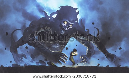 young boy lit the candle without realizing that there was a demon behind him, digital art style, illustration painting
