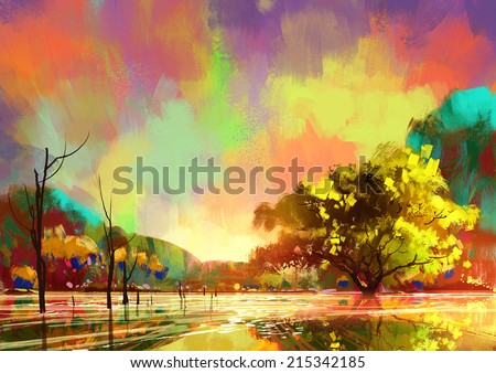 digital painting of a beautiful lake,colorful sky,landscape illustration