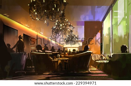 digital painting showing inside view of club business,illustration