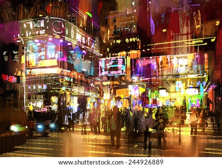 colorful painting of night street.illustration