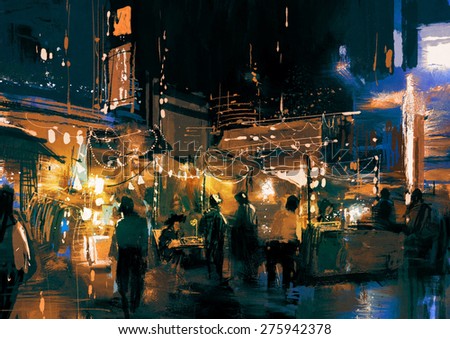painting of shopping street city with colorful light,illustration
