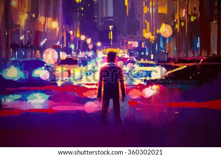 man standing on illuminated street at night,illustration painting