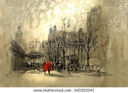 couple in red walking on street of city,freehand sketch