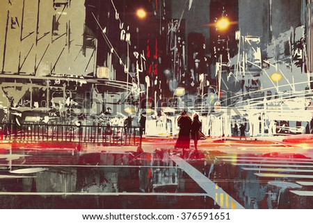 night scene of modern city street,illustration painting