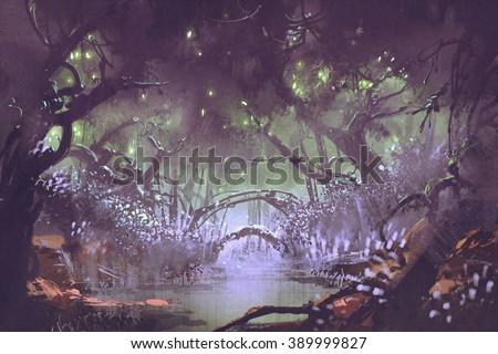 enchanted forest,fantasy landscape painting,illustration