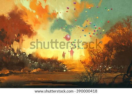 boy and magician holding balloon standing on a path of fantasy land,illustration