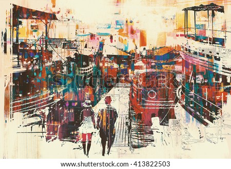 couple walking on harbor pier with colorful boats,illustration painting
