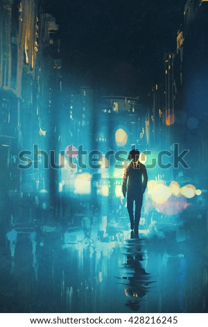 man walking at night on the wet street,illustration