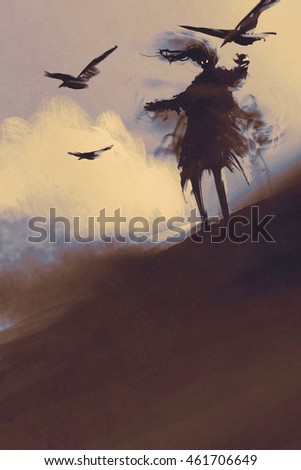 ghost with flying crows in the desert,illustration,digital painting