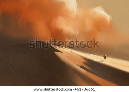 sandstorm in desert and hiking man,illustration,digital painting