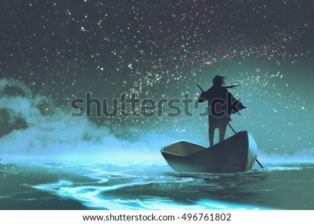 man rowing a boat in the sea under beautiful sky with stars,illustration painting