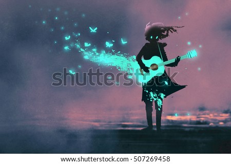 girl playing guitar with a blue light and glowing butterflies,illustration painting
