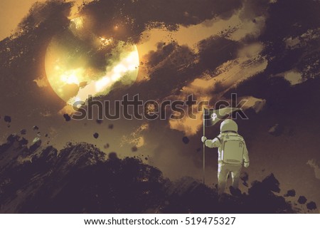 astronaut with a flag standing on mountain against a cloudy sky and a sun,illustration painting