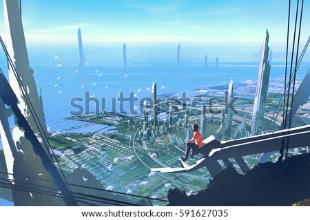 aerial view with the man sitting on edge of building looking at futuristic city,illustration painting