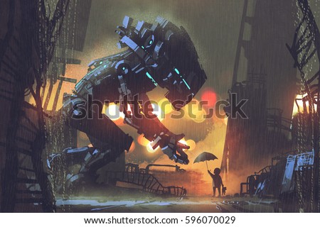 kid giving umbrella to giant robot in the rainy night,illustration painting