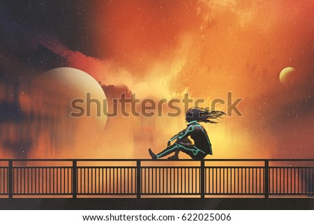 woman in futuristic suit sitting on railing looking at beautiful night sky, illustration painting