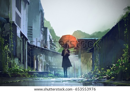 mysterious woman holds orange umbrella standing on street in abandoned city with digital art style, illustration painting