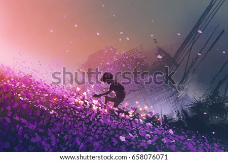 the robot sitting on purple field playing with glowing butterflies, digital art style, illustration painting