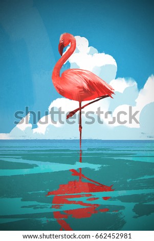 Flamingo standing on the sea against summer blue sky with digital art style, illustration painting