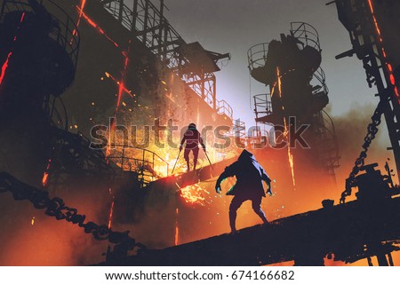 sci-fi scene showing fight of two futuristic warriors in industrial factory, digital art style, illustration painting