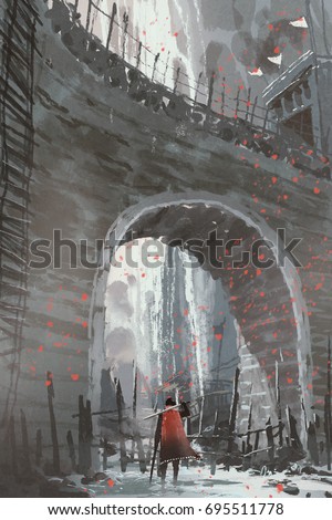 knight in red cape with sword standing under the old stone arch bridge, digital art style, illustration painting