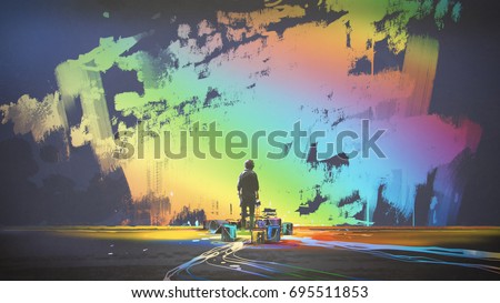 man paints colorful brush stroke in the air with magic brush, digital art style, illustration