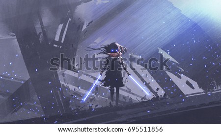 little futuristic knight with twin swords against buildings background, digital art style, illustration painting