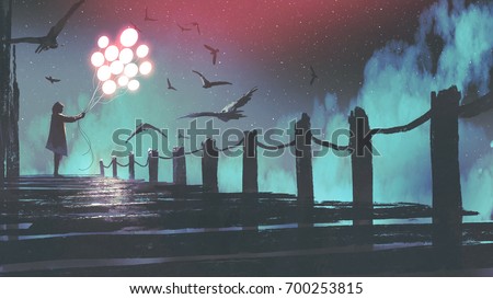 mysterious woman in cloak holding glowing balloon standing among crows on the bridge, digital art style, illustration painting