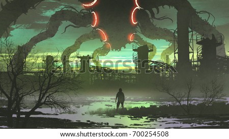 man looking at giant monster standing above abandoned factory, digital art style, illustration painting