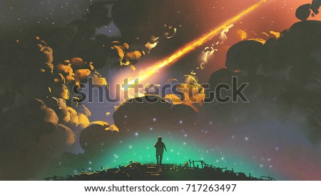 night scenery of a boy looking the meteor in the colorful sky, digital art style, illustration painting