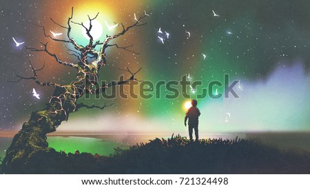 night scenery of the boy with the light ball looking at fantasy tree, digital art style, illustration painting