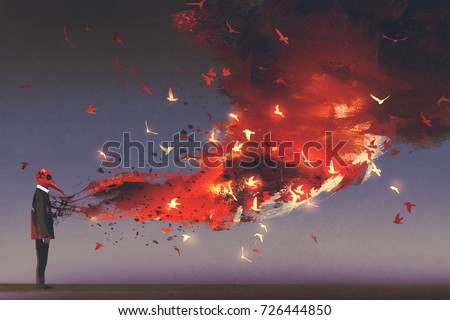 man in red mask standing with fire flame and smoke coming out from his chest, digital art style, illustration painting